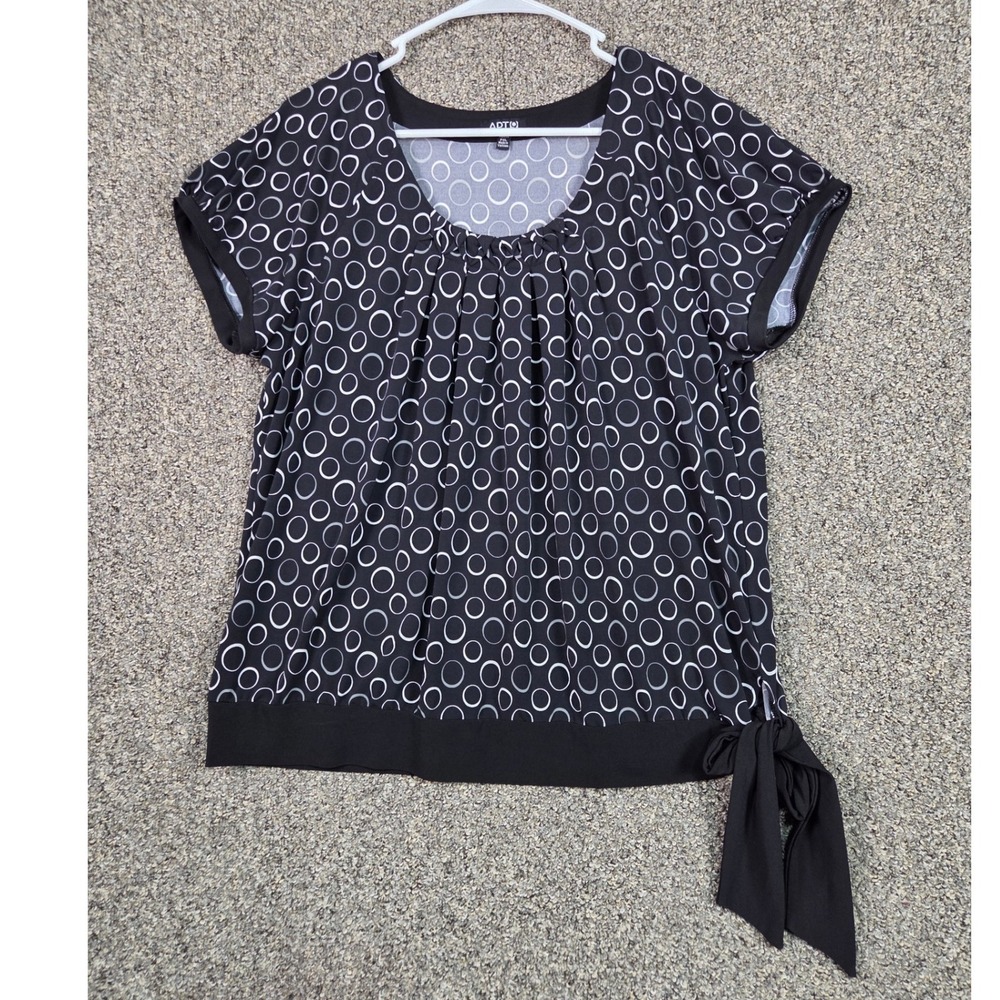 Apt. 9 Blouse Women PXL Black White Circle Print Side Tie Short Sleeve Top